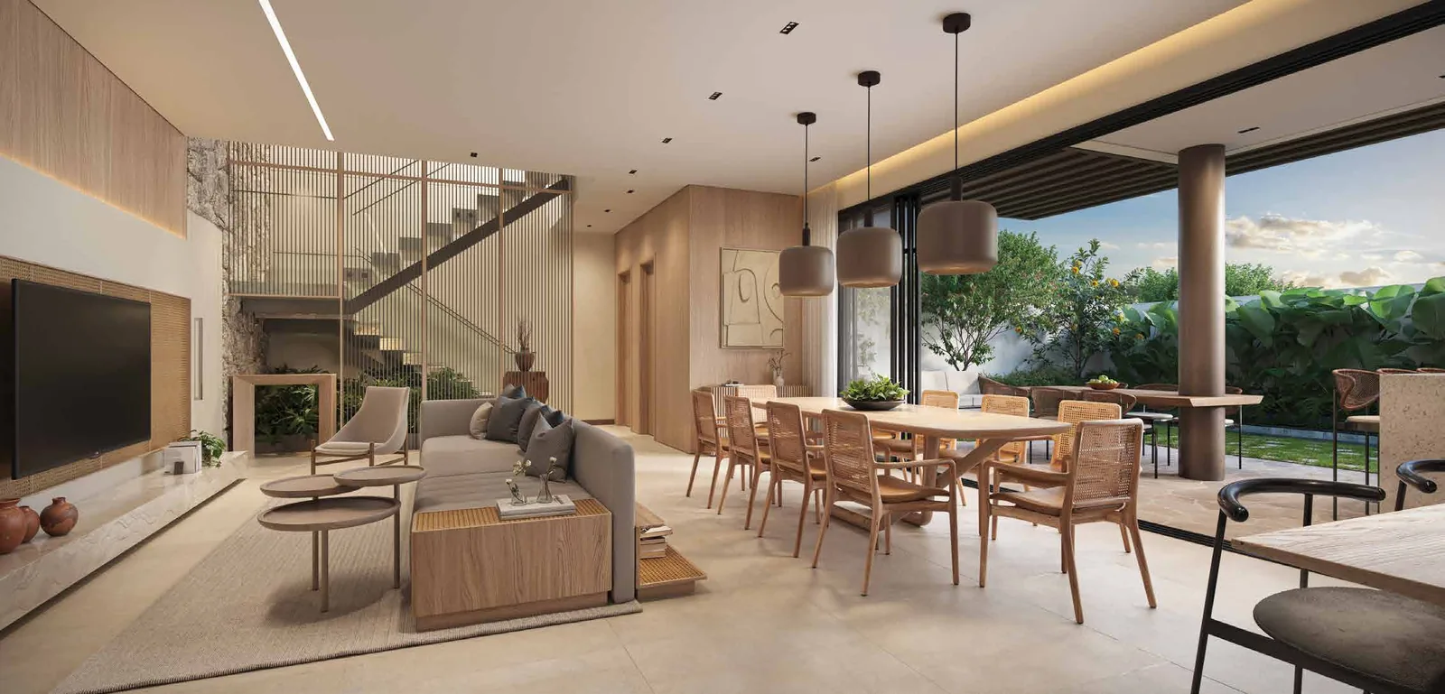 Living ampliado da Casa Petra, com 12 metros de vão livre