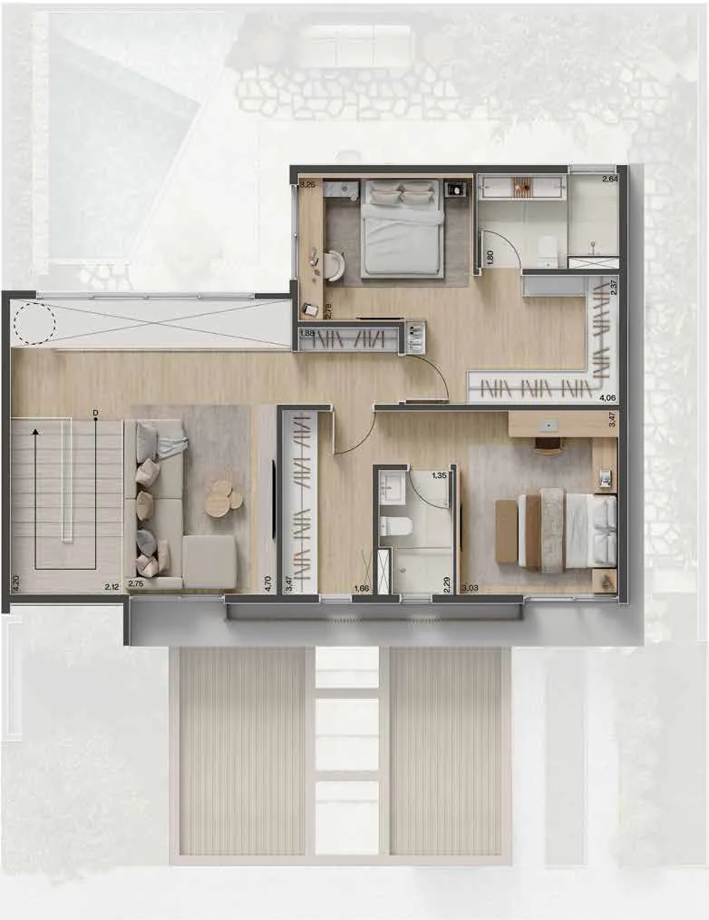 Planta baixa Casa Aura 187m², pavimento superior, opção 2 suítes e sala íntima