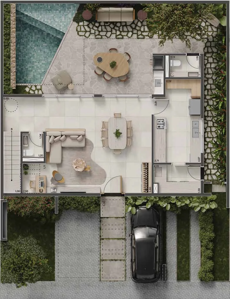Planta baixa Casa Aura 187m², pavimento térreo, opção 2 suítes e sala íntima