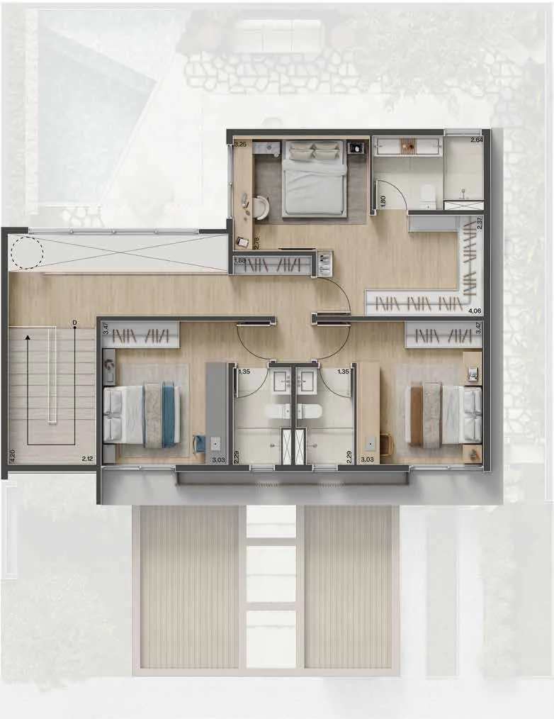 Planta baixa Casa Aura 187m², pavimento superior, opção 3 suítes