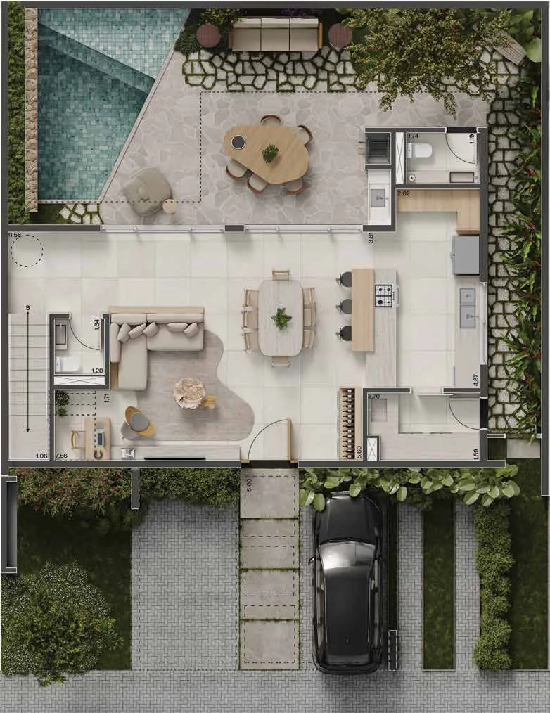 Planta baixa Casa Aura 187m², pavimento térreo, opção 3 suítes