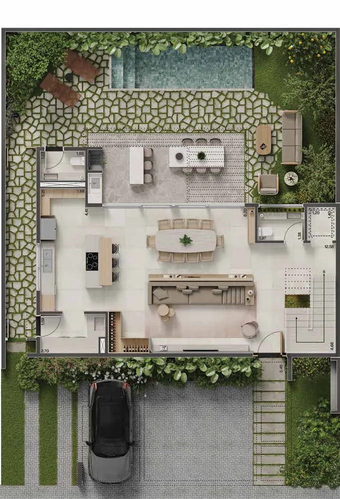 Planta baixa Casa Petra 216m², pavimento térreo, opção 3 suítes