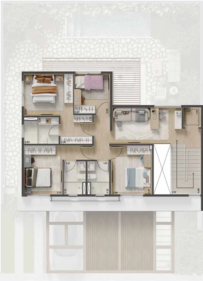 Planta baixa Casa Petra 216m², pavimento superior, opção 4 dormitórios