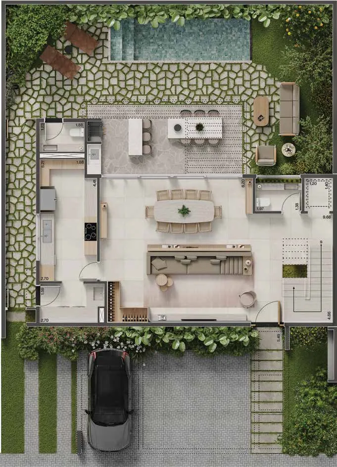 Planta baixa Casa Petra 216m², pavimento térreo, opção 4 dormitórios
